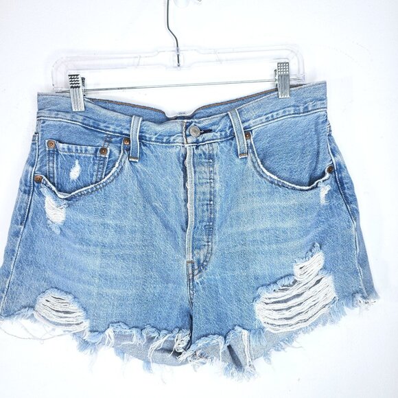Levis 501 Button Fly Distressed Cut Off Denim Shorts - Picture 1 of 12
